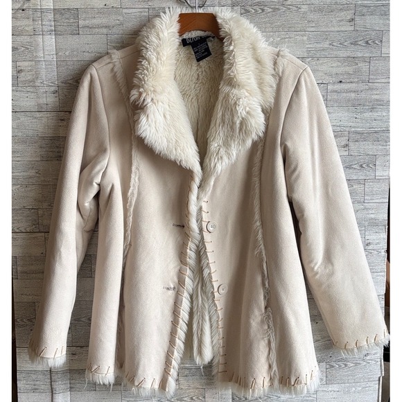 Vintage Jackets & Blazers - Cream Fur Coat‎ Faux leather shearling jacket Women's Large Y2k Vintage